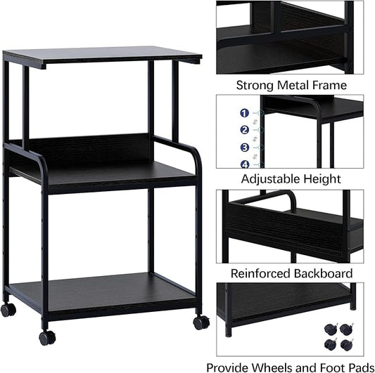 Printer Stand with Storage Shelf,3 Tier Printer Cart with Wheels,Mobile Printer Table for Home Office,Stands for Heat Press Scanner Fax,Industrial Style (Black)