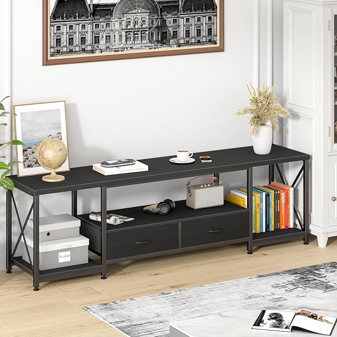 GYIIYUO TV Stand with Fabric Drawers for 75 80 Inches TV - Entertainment Center and Industrial TV Console Table with Open Storage Shelves for Living Room, Bedroom- 71.5" Black