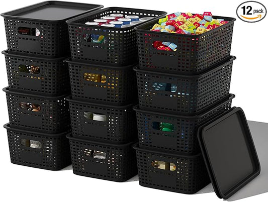 Plastic Storage Basket with Lids 12 Pack Stackable Black Storage Bins Containers with Lid, Decorative Storage Boxes for Organizing Shelves, Drawers, Playroom, Classroom, Office, Closet