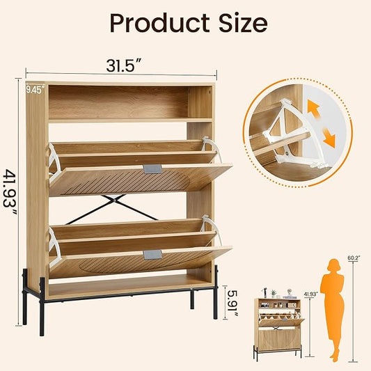 Fluted Shoe Cabinet with 2 Flip Drawers, Slim Freestanding Hidden Shoe Cabinet Organizer, Narrow Shoes Storage Rack for Entryway (All Natural-2 Drawers, 9.45" D x 31.5" W x 41.93" H)