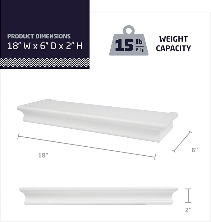HIGH & MIGHTY Decorative 18" Floating Shelf Holds up to 15 lbs, Easy Tool-Free Dry Wall Installation, Beveled, White | 515654