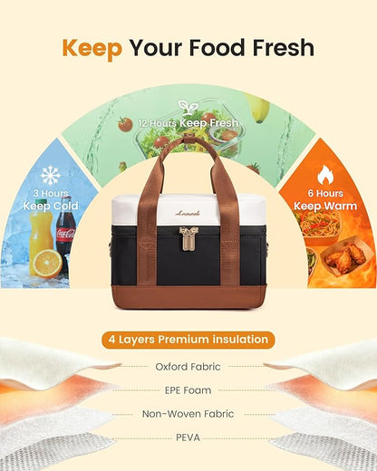LOVEVOOK Insulated Lunch Bag for Women & Men - Cooler Lunch Tote and Lunch Box for Work and Travel, Black-beige-brown