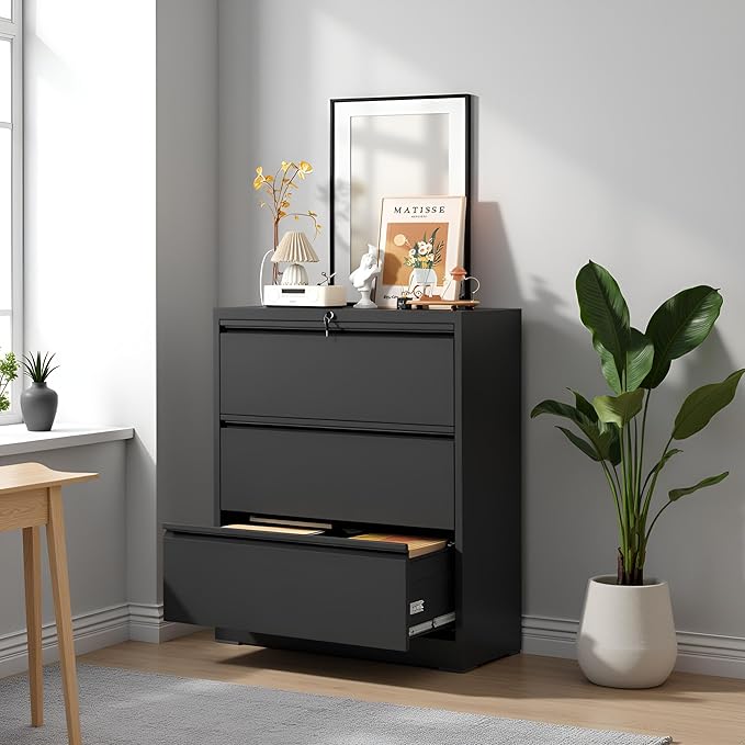 3 Drawer Lateral File Cabinet with Lock, Metal Lateral Filing Cabinet for Home Office, Steel Wide Horizontal Filing Cabinets for Letter/Legal/A4/F4 Hanging Files (Black)