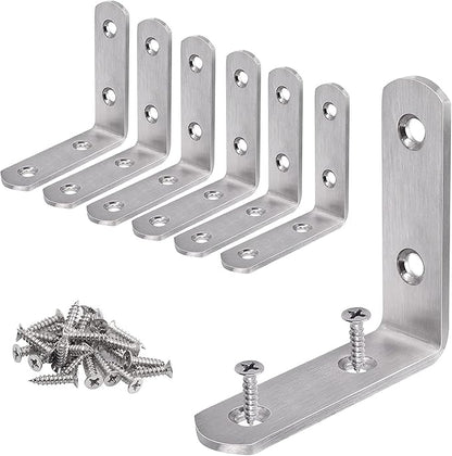 YUMORE L Bracket Corner Brace, 6Pcs 65x65mm Joint Right Angle Brackets Heavy Duty Stainless Steel 90 Degree Bracket Fastener for Wood Shelves Chair Tables Dressers Furniture with Screws