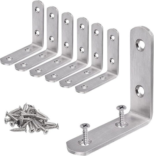 YUMORE L Bracket Corner Brace, 6Pcs 65x65mm Joint Right Angle Brackets Heavy Duty Stainless Steel 90 Degree Bracket Fastener for Wood Shelves Chair Tables Dressers Furniture with Screws