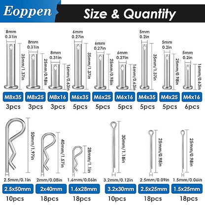 132Pcs Clevis Pin Cotter Pin Hair Pin Assortment Kit - 304 Stainless Steel 15 Sizes Cotter Pin & R Clips Pin Zinc-Plated Single Hole Flat Head Clevis Pins