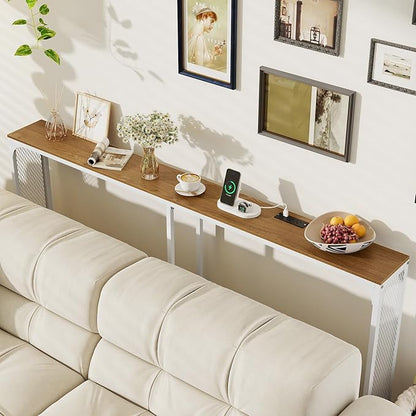 Giantex 71" Narrow Console Table with 2 Power Outlets and USB-C Ports, Sofa Tables with Charging Station & Metal Frame, Skinny Behind Couch Tables, Long Entryway Tables for Living Room, Natural+White