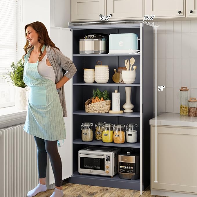 Metal Storage Cabinet with 2 Doors and 4 Adjustable Shelves, 71" Steel Garage Storage Cabinet, Locking Tool Cabinets for Office, Home,School,Kitchen,Garage Tool Utility Cabinet