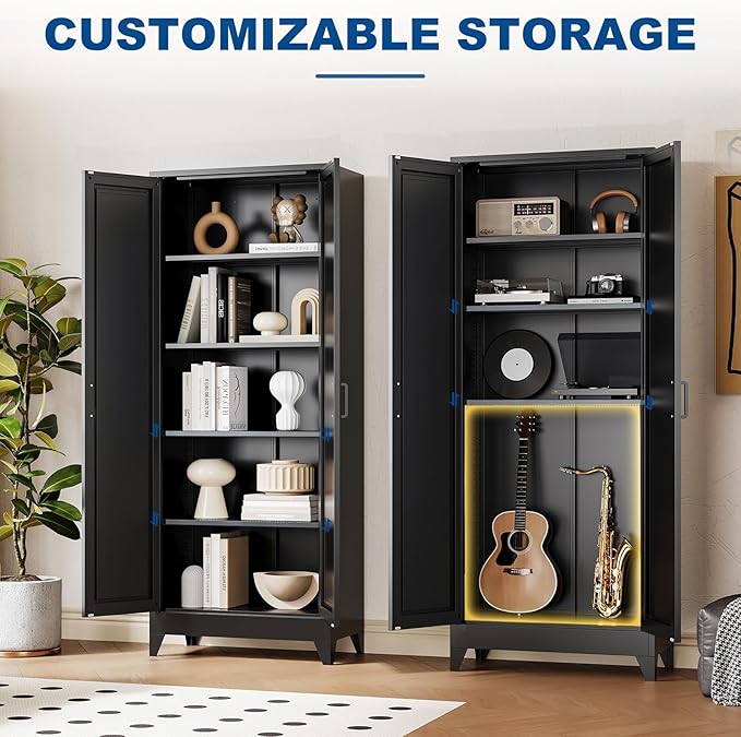 Black Tall Farmhouse Metal Pantry Linen Storage Cabinet and Organizers - Cupboard 75" H x31.5 W x15.7 D Rustic Hutch Cabinet Bookcase with Doors and Adjustable Shelves for Home Office