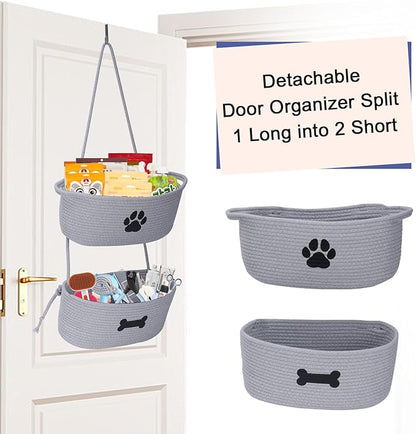 2-Tier Dog Baskets,Over Door Hanging Oganizer for Pet Stuff with Metal Hooks,Cotton Rope Wall-Mounted Storage Organizer for Dog Leash/Harness/Small Toys/Trash Bag - Gray