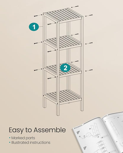 SONGMICS 4-Tier Bamboo Shelf, Narrow Bathroom Shelf, Standing Towel Rack, Corner Rack, for Kitchen, Living Room, Bedroom, Entryway, Bathroom, Natural UBCB54Y