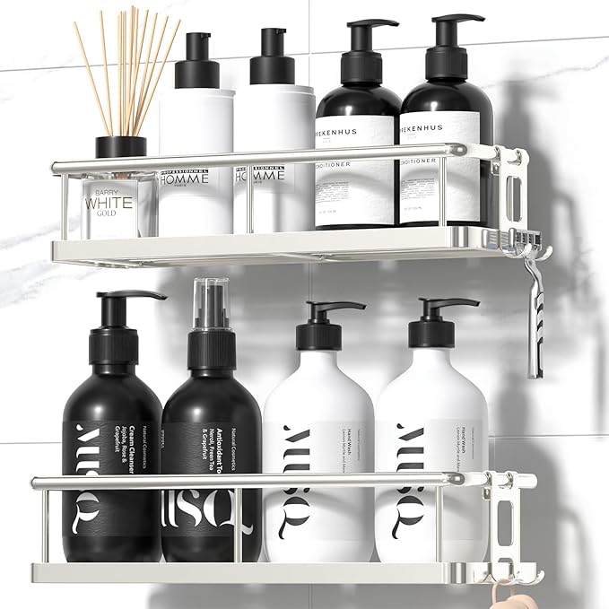 YASONIC Shower Caddy Adhesive, No Drill Bathroom Shower Organizers, with Removable Hooks, Rust Proof Shower Shelves, Wall-Mounted Shower Holder, 2 Pack Silver