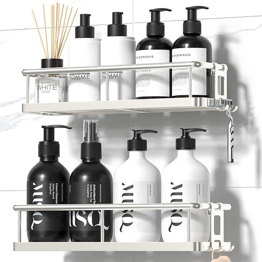 YASONIC Shower Caddy Adhesive, No Drill Bathroom Shower Organizers, with Removable Hooks, Rust Proof Shower Shelves, Wall-Mounted Shower Holder, 2 Pack Silver