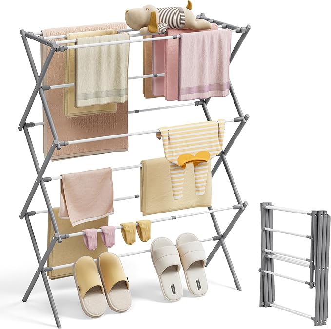 KINGBOARD Clothes Drying Rack, Collapsible Drying Rack Clothing with 11 Poles, 3-Tier Laundry Drying Rack, Small Clothes Drying Rack Foldable for Baby Clothes, 25lb Capacity, Grey