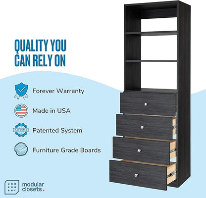 Closet Shelves Tower - Modular System With Drawers (4) - Corner Organizer and Storage Shelves (Gray, 19.5 Inches Wide)