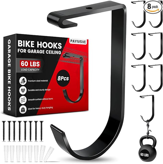 Bike Hooks for Garage Ceiling Mount Rack, Add on Storage Flat Hook Accessory Overhead Garage Hooks for Ceiling Rack and Wall Shelving(8 Pack)