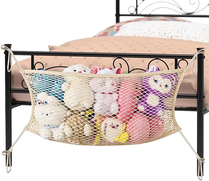 Stuffed Animal Storage Net for Kids, Bedside Toy Organizer Net - Neatly Store Your Stuffed Animals, Cotton Bedside Stuffed Animal Storage Net with Tether, Stretches up to 35 Inches, Beige