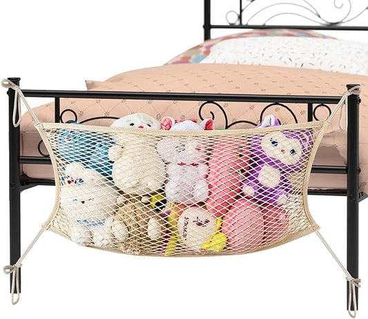 Stuffed Animal Storage Net for Kids, Bedside Toy Organizer Net - Neatly Store Your Stuffed Animals, Cotton Bedside Stuffed Animal Storage Net with Tether, Stretches up to 35 Inches, Beige