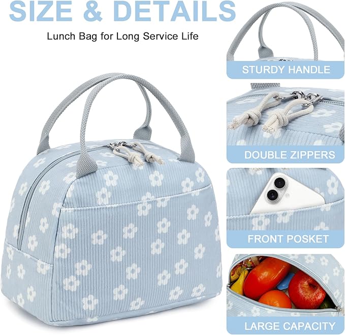 Bluboon Lunch Bag for Women Men Cute Corduroy Lunch Tote Bags Reusable Insulated Lunch Box Large Capacity Reusable Insulated Cooler for Work Picnic or Travel