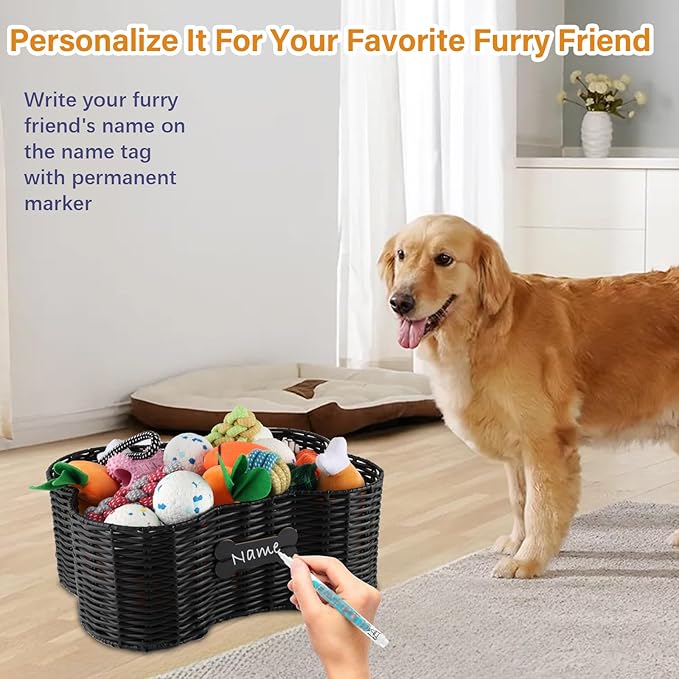 Pet Dog Toy Basket,Dog Bone Shape,Wicker Storage Bin for Dog Cat Toys with DIY Tag,Dog Toy Organizer Holder Boxes for Living Room,Handmade Poly Wicker Basket