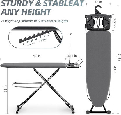 KINGBOARD Ironing Board, Compact Iron Board Full Size with Extra Thick Cover, 7 Adjustable Heights Stand with Hanger and Iron Rest, Large Heavy Duty Ironing Board with Storage Tray, 13x43 Black