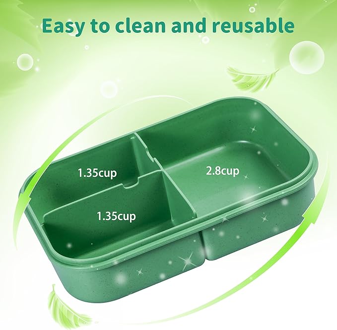 Wheat Straw Lunch Box, Leakproof 3-Compartment Bento Box for Kids & Adults, BPA-Free Lunch Containers, Microwave & Dishwasher Safe, 5.5 Cup (Green)