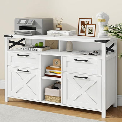 Farmhouse Filing Cabinet with Adjustable Shelf for Home Office, Lateral File Cabinets 4 Drawers with Open Storage Shelf, Filing Organization Storage Cabinets for Hanging Files Letter/A4.(White)