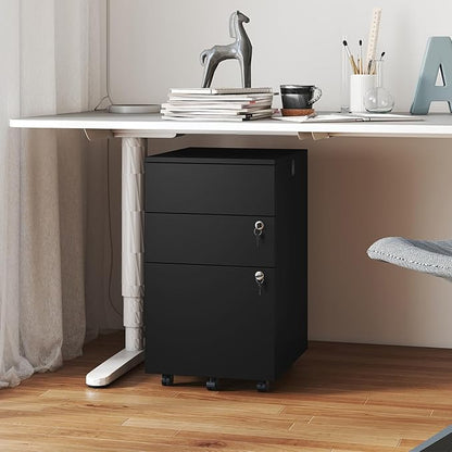 Giantex 3-Drawer File Cabinet with Lock, 27-Inches Storage Cabinet with 2 Side Hooks, Mobile Printer Stand, Wheels, 4 Keys, Vertical Filing Organizer fits Letter/A4 Size for Home Office (Black)