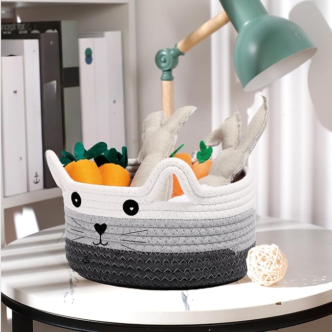 Zopeal Cat Basket Storage Woven Organizer with Ears Easter Decorative Gift Pet Toy Cute Cotton Rope Basket for Gift Cat Dog Toy Bin Nursery Room(8.3 x 4.7 Inch,White, Light Gray and Gray)