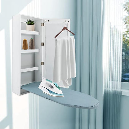 Ironing Board Cabinet Wall Mounted, Cabinet with Built-in Ironing Board, Foldable Ironing Storage Station with Mirror for Home, Apartment & Small Spaces, Easy-Release Lever