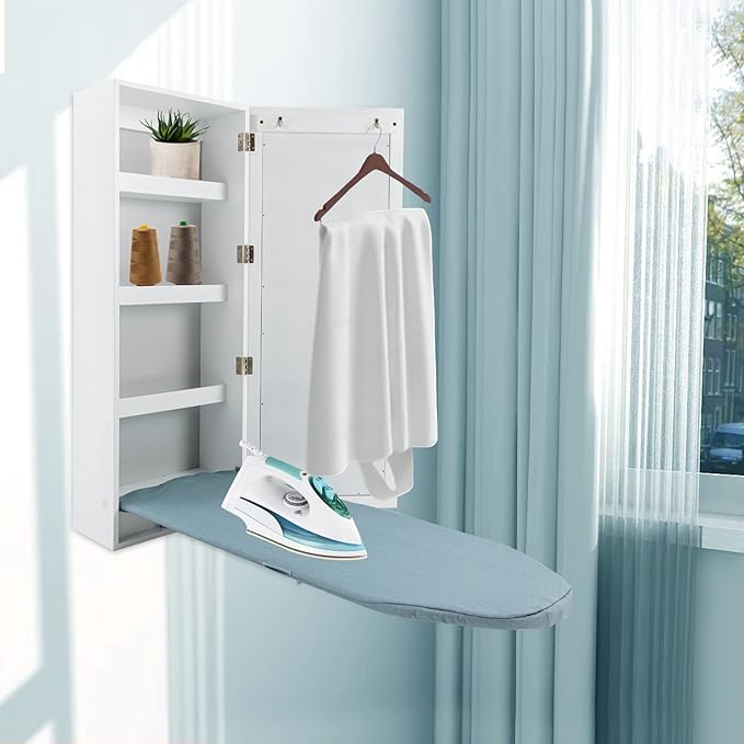 3 Tier Shelf Wall-Mounted Ironing Board Foldable Clothes Ironing Table Pull-Out Stow Away Ironing Board Retractable Small Ironing Board Ironing Storage with Mirror for Home Apartment