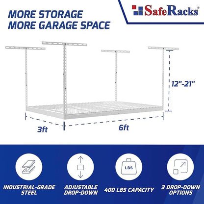 SafeRacks Overhead Garage Storage Rack - Heavy Duty Racks for Garage with 400 lb Capacity, Easy Garage Shelving, Adjustable Storage Rack, Ceiling Mount Storage Shelves 3x6 White (12"-21")