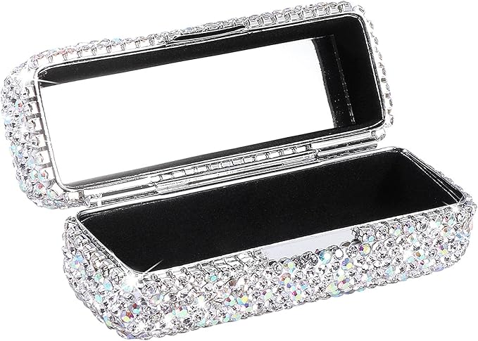 CALIDAKA Crystal Lipstick Case Holder Shiny Rhinestone Lipstick Organizer with Mirror Portable Bling Diamonds Lipstick Storage Holder Lip Gloss Makeup Storage Bag