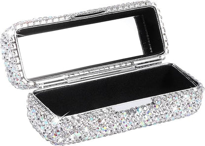 CALIDAKA Crystal Lipstick Case Holder Shiny Rhinestone Lipstick Organizer with Mirror Portable Bling Diamonds Lipstick Storage Holder Lip Gloss Makeup Storage Bag