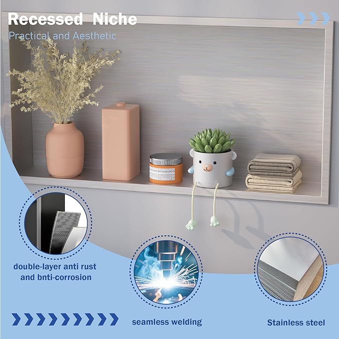 No Tile Needed Shower Niche for Shower Room Storage,Recessed Wall Niche Insert,Stainless Steel 304 (Brush, 12 * 24 in)