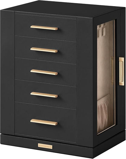 SONGMICS Jewelry Box 360°Rotating, Jewelry Storage Case with 5 Drawers, Jewelry Organizer, Glass Window, Spacious, Vertical Jewelry Storage, Open Design, Great Gift, Graphite Black UJBC170B01