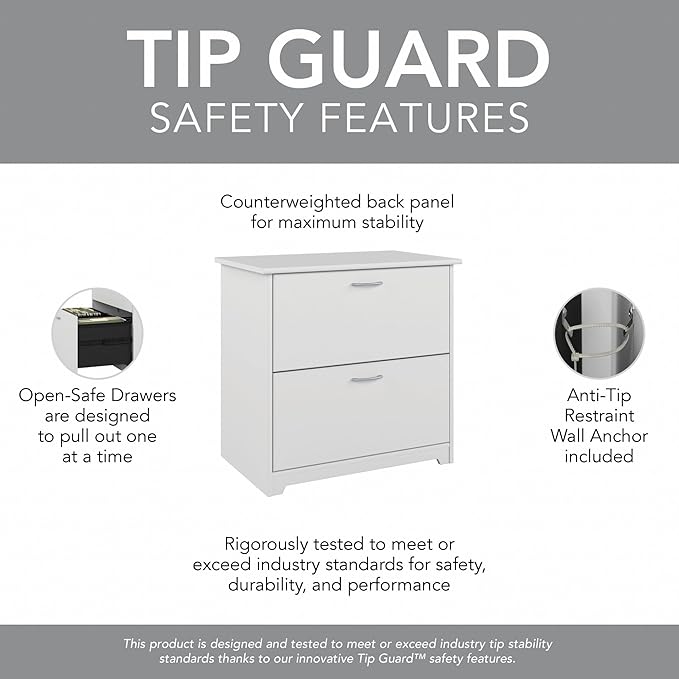 Bush Home Cabot 2 Drawer Lateral File Cabinet in White, Home Office Chest for Letter, Legal, and A4-size Document Storage