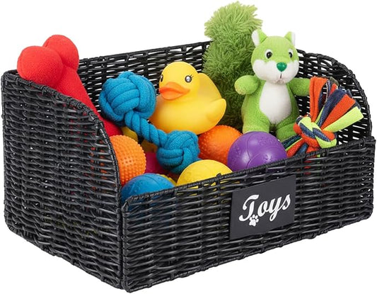 Pet Dog Toy Storage Basket,Collapsible Poly Wicker Baskets for Dog Cat Toys,Trapezoid Dog Toy Bin,Dog Storage Organizer for Leash Blanket Toys,Ideal for Living Room,Playroom(Black)
