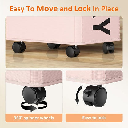 2 Pack Rolling Laundry Basket with Wheels, 90L Hamper with Wheels and Removable Mesh Bag, Pink Laundry Baskets on Wheels for Bedroom, Dorm, Clothes Hamper Organizer