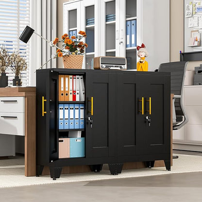 35.43" Lockable Metal Storage Cabinet, Steel Locker File Cabinet with 2 Doors ＆ 2 Adjustable Shelves, Multi-Purpose Organizer for Home, Office File Storage & Garage Locker (Black)