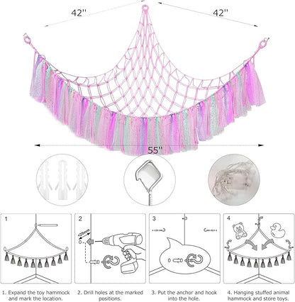 Stuffed Animal Storage Macrame Boho Plush Toy Net Hammock for Stuffed Animals with Light Pet Net for Stuffed Animals Corner Hanging Stuffed Animal Holder Teddy Bear Net for Kids Room (Shiny Pink)