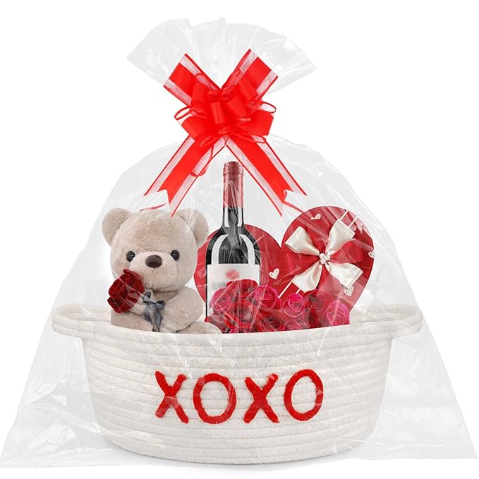 Woven Valentines Baskets for Gifts Empty with Ribbons Bow Tie and Bag, Gift Empty Decorative Box, Woven Rope Basket Storage for Gifts with Handles Home Decor (XOXO) 11" x7"x4.7"