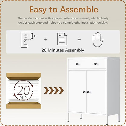 Metal Storage Cabinet with Drawer and Adjustable Shelf, 2-Piece Set White Steel Sideboard Buffet Cabinet, Coffee Bar Cabinet for Kitchen, Dining Room, Entryway