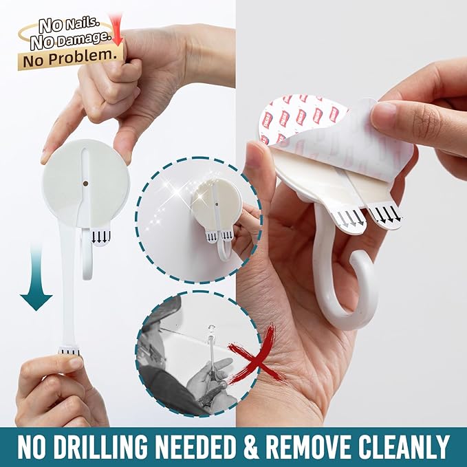 TAILI Adhesive Removable Wall & Ceiling Hooks for Hanging Plants, Heavy Duty No-Drill 360° Swivel Adjustable Sticky Wall Hooks Hanging Decor Lights Garland for Door Kitchen, Renter Friendly - 4 Pack