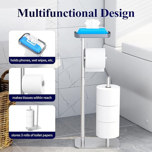 Kitsure Toilet Paper Holder Free Standing – Rustproof Metal Toilet Paper Stand for 4 Rolls with Anti-Slip Base and Shelf for Phone & Small Items, Bathroom Organizers and Storage, Medium, Silver