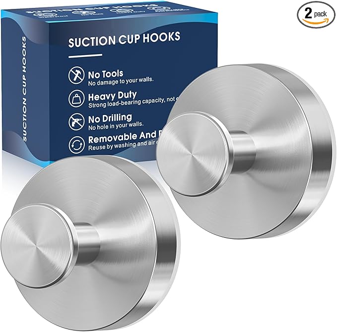 Suction Cup Hooks for Shower,Removable Shower Towel Suction Hooks for Bathroom Wall,Kitchen,Glass,Mirror,Tile to Hang Robes,Loofah-Silver(2-Pack)