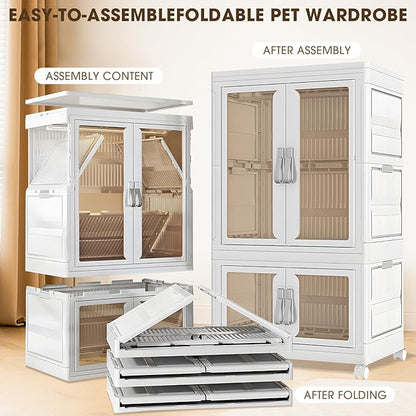 Pet Clothing Storage Cabinet with Hanging Rod Foldable Plastic Storage Bin 2-Tier Dog Clothes Organizer for Small Pets Lightweight, Waterproof– Portable Cat Wardrobe Closet