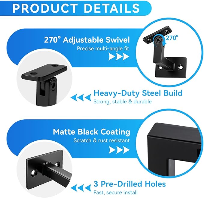 4 Pack Handrail Brackets, Laysmkit Adjustable Handrail Bracket for Staircase, Black Hand Rail Bracket, Wall Mounted Stair Railing Brackets with Installation Hardware for Stairs, Bedroom, Corridors