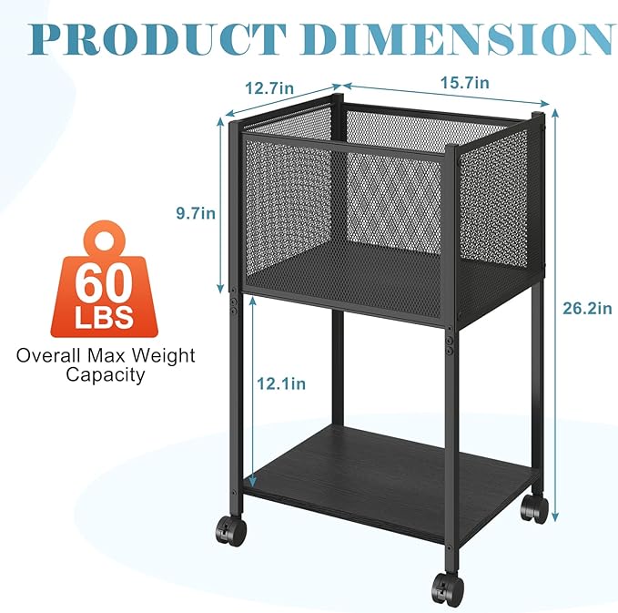 Letter/Legal Rolling File Cart, Narrow Mobile File Cabinet with Wheels Hanging Files, Metal Hanging File Folder Cart File Organizer Under Desk Storage for Home Office, Black
