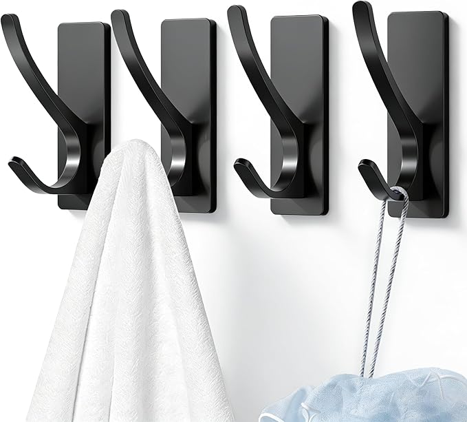 Self Adhesive Towel Hooks: Extra Strong 13LB, Stainless Hook for Hanging Loofah, Towels, Coat, Bath Robe Bathroom Shower, Black, 4 Pack